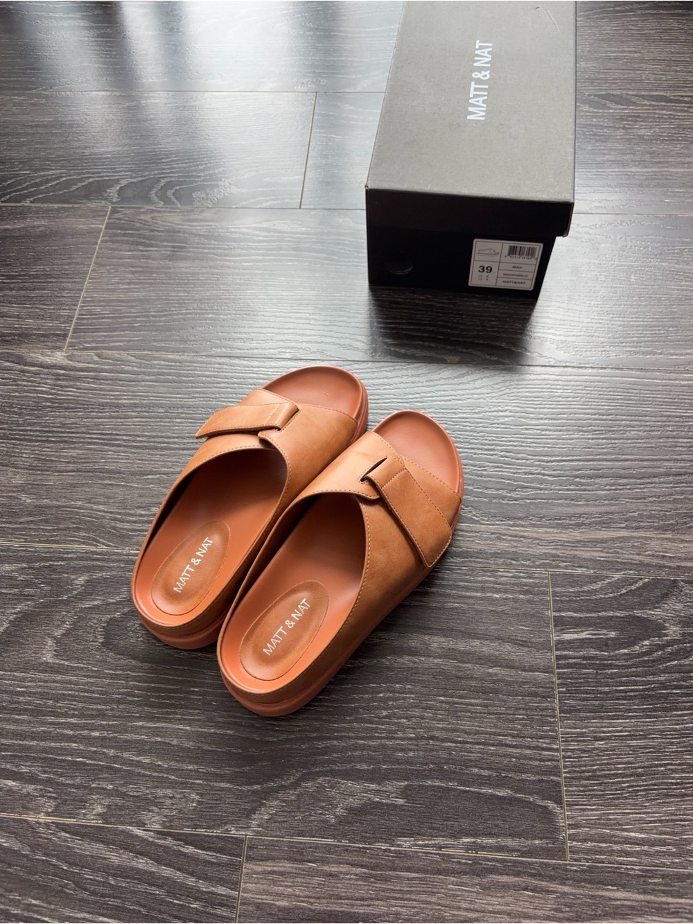 Matt & Nat Cognac Brown Slide Sandals with Wide Strap
